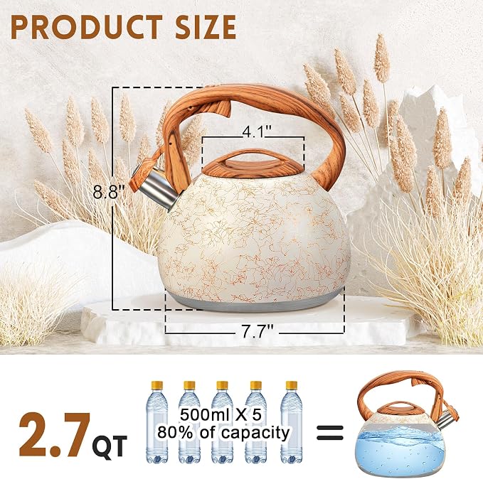 GGC Tea Kettle for Stove Top, Loud Whistling Kettle for Boiling Water Coffee or Milk, 3.1 Quart Stainless Steel Art Line White Pot with Wood Pattern Handle, Unique Button Control Outlet