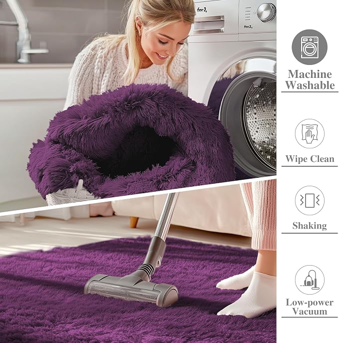 OLANLY 2x6 Machine Washable Runner Rugs for Hallway, Soft Fluffy Shaggy Bedside Rugs for Bedroom, Living Room, Indoor Floor Carpet for Kids Girls and Boys, Home Decor Aesthetic, Dark Purple