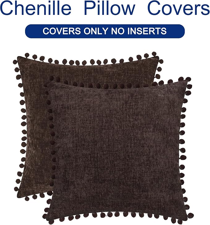 CaliTime Decorative Couch Throw Pillow Covers 20 X 20 Inches Coffee | Pack of 2, Cozy Chenille Cushion Cases, with Pom Poms for Sofa Bed Living Room Farmhouse Home