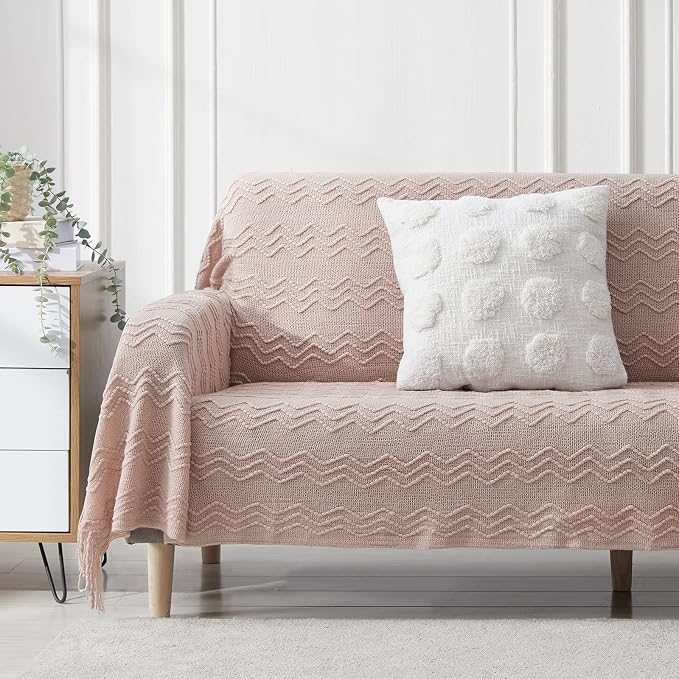 BOURINA Pink Throw Blanket 50x90 Inch Boho Knitted Soft Throw Sofa Blanket | Knitted Throw Blanket 50x90 Inches, Soft Lightweight Boho Weave Throw Decorative Couch Blanket for Living Room Bedroom Chair