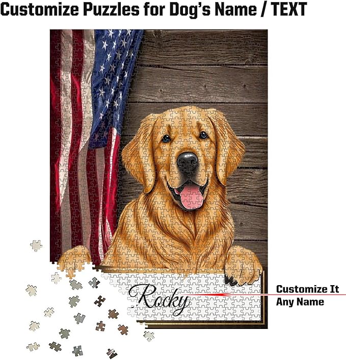 Custom Wooden Jigsaw Puzzles with Your Dog's Name on Golden Retriever Art Print - 300 500 1000PCS Puzzles Game and Home Wall Decor