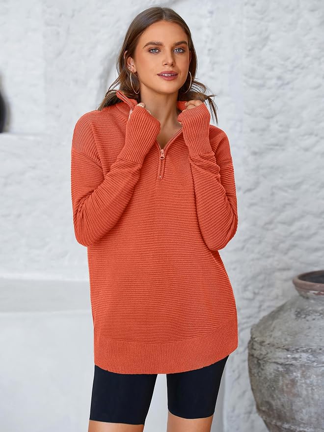 PRETTYGARDEN Womens Long Sleeve Quarter Zip Pullover Sweater Casual Loose V Neck Collared Ribbed Knit Jumper Tops Thumb Hole