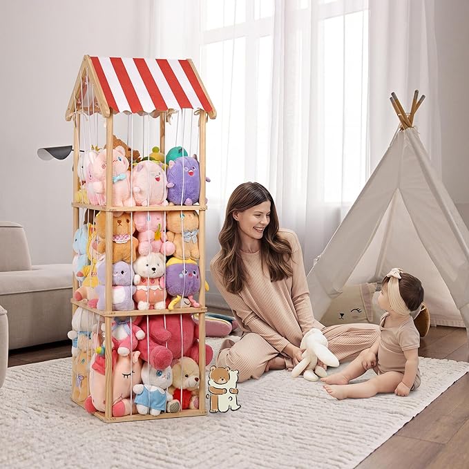 Stuffed Animal Storage, Space Saving Vertical Stuffed Animal Holder Wood, Easy Assembly Cottage-Style Plush Toys Organizer for Kids Bedroom & Playroom (Wood)