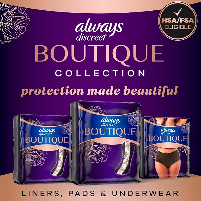 Always Discreet Boutique Incontinence Pads, for Bladder Leaks, Moderate Absorbency, Regular Length, 144 Count (3 Packs of 48)
