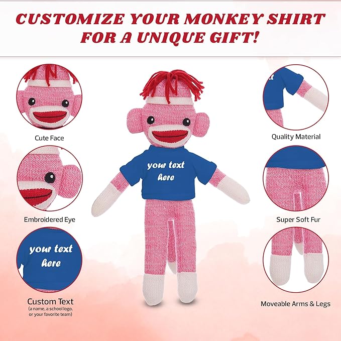 Huggable Pink Sock Monkey 8 Inch, Plush Stuffed Animal Personalized Gift-Custom Text on Shirt-Perfect for Halloween Day, Valentine's Day, Graduation Day, or Birthday Present (Royal)