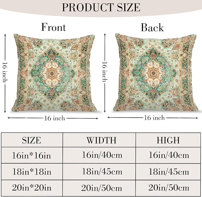 Boho Floral Throw Pillow Covers 16x16 inch Set of 2,Green Boho Rug Geometric Floral Pattern Decor Double Sided Pattern Cushion Cover Soft Pillow Case Living Sofa Room Bed Square Pillow Cover
