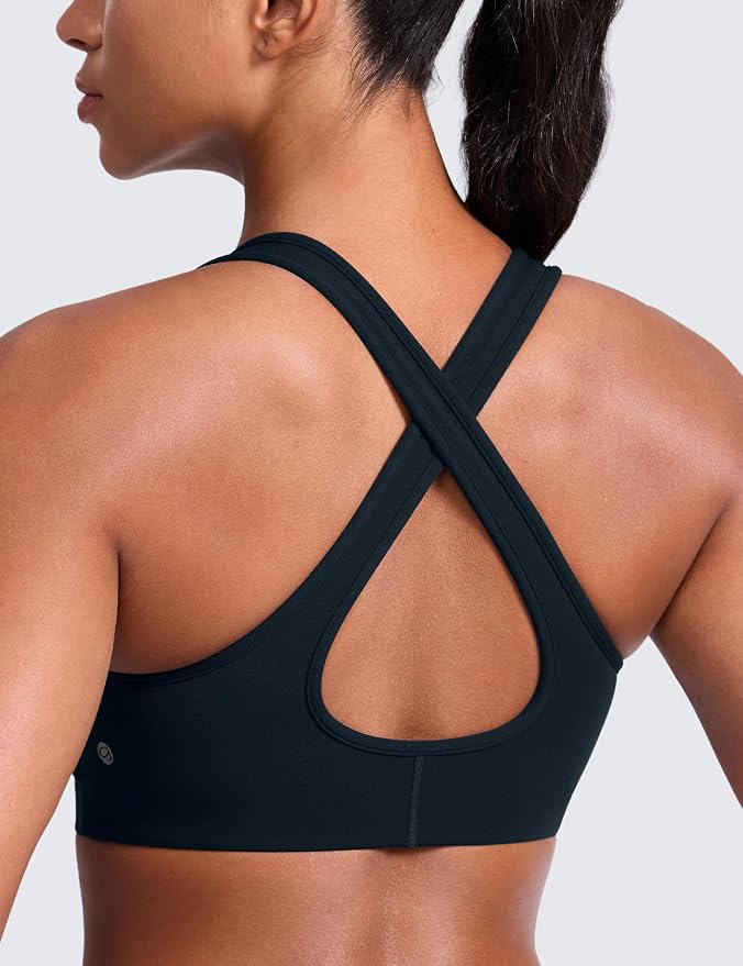 CRZ YOGA Butterlift Deep V Neck Sports Bras for Women - Padded Gym Wide Straps Cut-Out Cross Back Crop Pilates Workout Top
