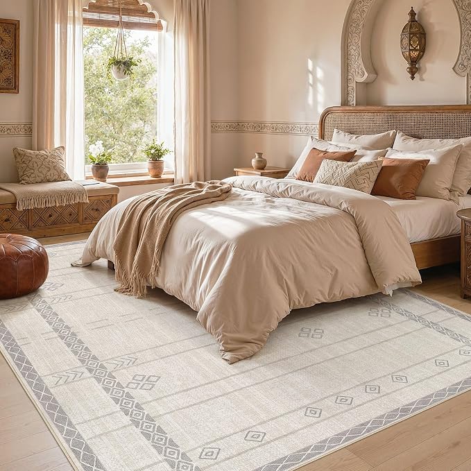 cotiled 6x9 Area Rugs Living Room Rug: Washable Boho Rugs with Non Slip Backing Large Soft Indoor Stain Resistant Carpet for Bedroom Farmhouse Dining Room Lightweight Home Decor Grey Beige