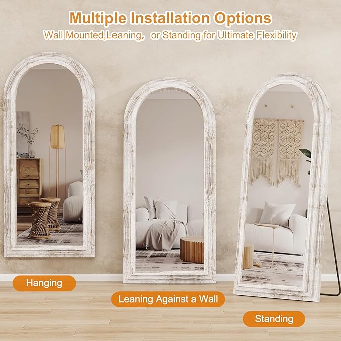 ZHUNFA External Three-Layer Arched Full Length Mirror with Solid Wood Frame | 71x32 Modern Farmhouse Decor Standing Mirror Full Length, Wall Mounted, Leaning, Standing for Bedroom, Living Room, White.