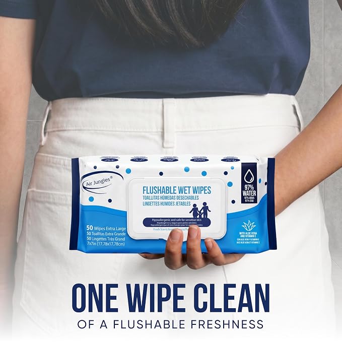 Air Jungles Flushable Wipes Travel Size Individually Wrapped 50 Ct | On-the-Go Butt Wipe with Aloe Vera & Vitamin E, Ultra Soft and Large for Adult and Kid, 97% Water - XL 7 X 7 in, Fresh Scent