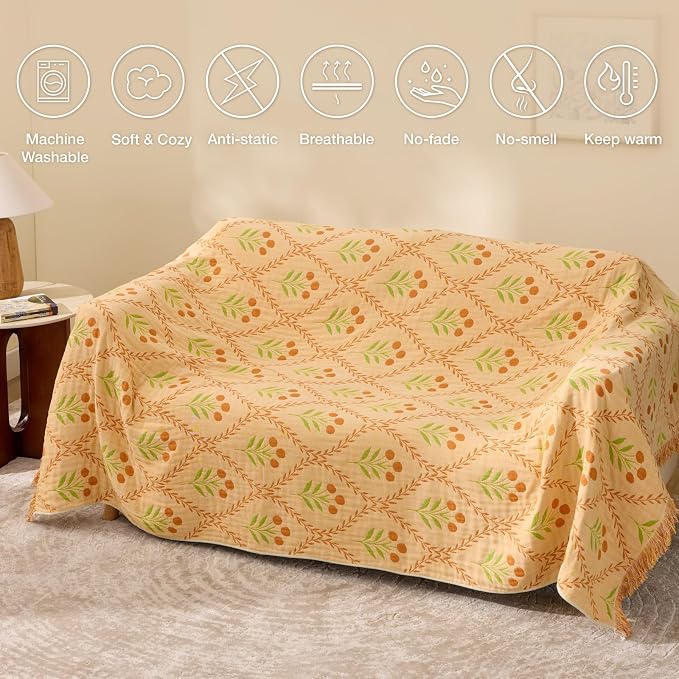 100% Cotton Boho Throw Blanket for Home Decor – Classic Farmhouse Quilt Bedding, Muslin Blankets for Adults, Vintage Woven Decorative Blanket for Couch, Bed Layering Use, Vintage Floral, 104"x90"