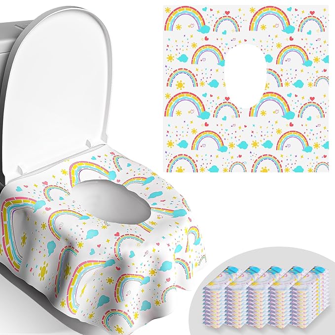 50 PCS Disposable Toilet Seat Covers, Extra Large Portable Potty Seat Covers for Toilet, Bathroom, Toddler & Kid Potty Training Seat Cover, Travel Essentials for Airplane, Trip-Rainbow