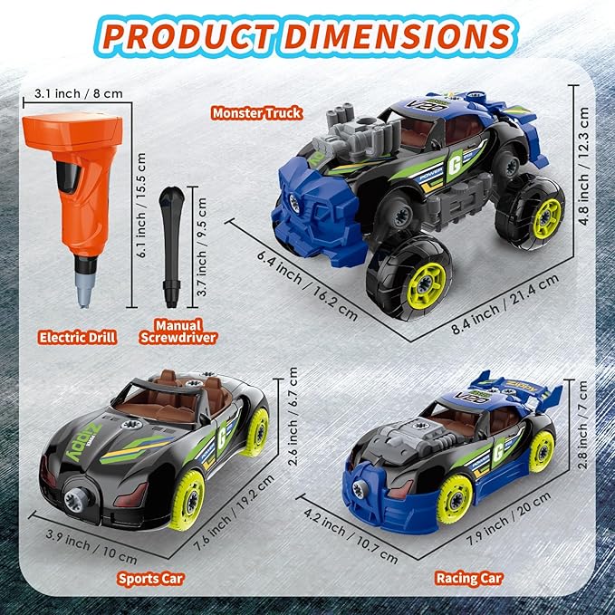 Pup Go 3-in-1 Building Car for Boys Ages 3+, Take Apart Car with Electric Drill, 43 Pcs Construction Toy Truck, Build Your Own Cars with Play Tools, Ideal Educational Present for Kids Children (Black)