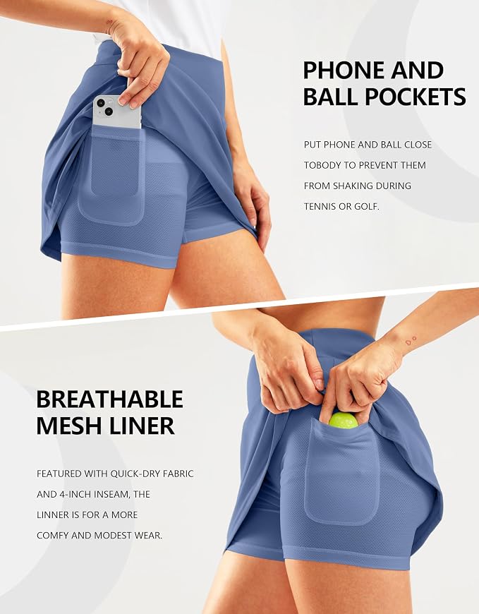 16" Golf Skirt with 2 Zipper Pockets | Tee Holder, Mesh Shorts, High Waisted, Casual, Pickleball, Athletic, Tennis, Skorts for Women