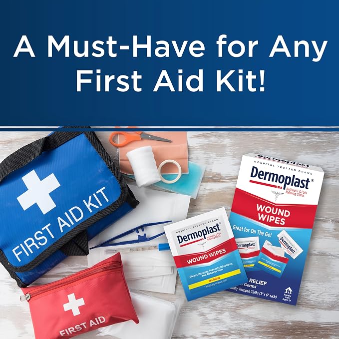 Dermoplast Wound Wipes, Medicated Antiseptic Wipes, First Aid Cloths, Analgesic for Minor Cuts, Scrapes and Burns on The Go, Sting Free Formula, 10 Individual Cloths (Packaging May Vary)