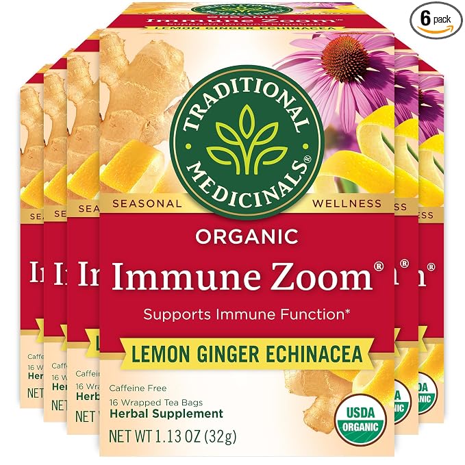 Traditional Medicinals Tea, Organic Immune Zoom Lemon Ginger - Supports Immune Function - Kosher, Non-GMO, Caffeine-Free, Compostable - 96 Tea Bags (6 Pack)
