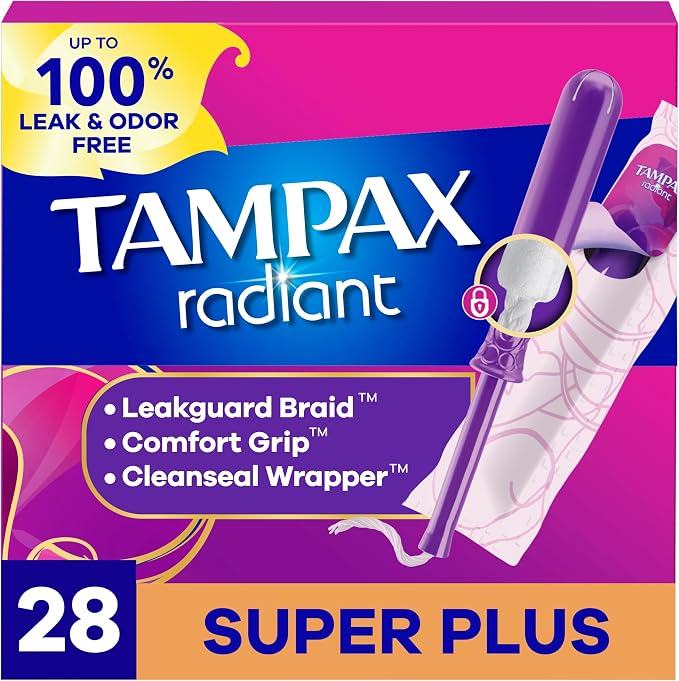 Tampax Radiant Tampons, with LeakGuard Braid, Super Plus Absorbency, Unscented, 28 Count, Packaging May Vary