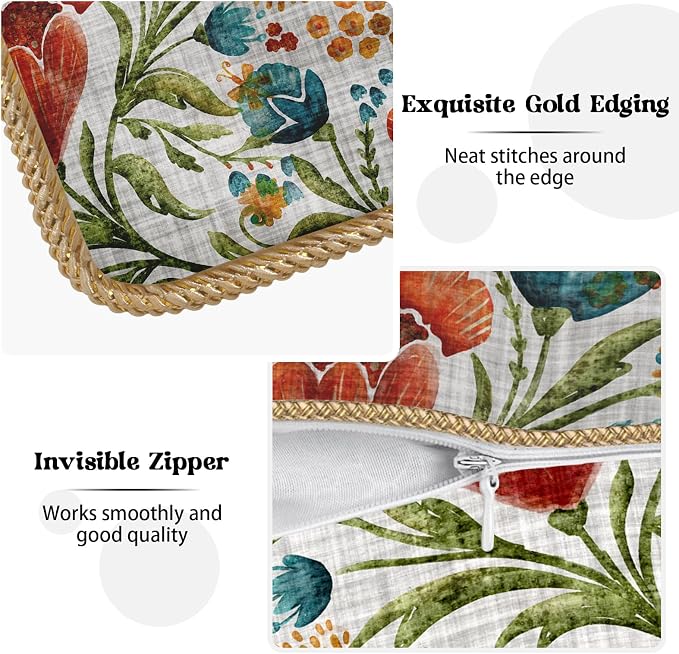 Red Blue Bright Floral Soft Velvet Throw Pillow Covers Set of 2 Colorful Flowers Green Leaf Plant Decorative Pillow Covers 18x18 Inch Boho Rustic Pillow Case For Sofa Couch Living Room Home Decor