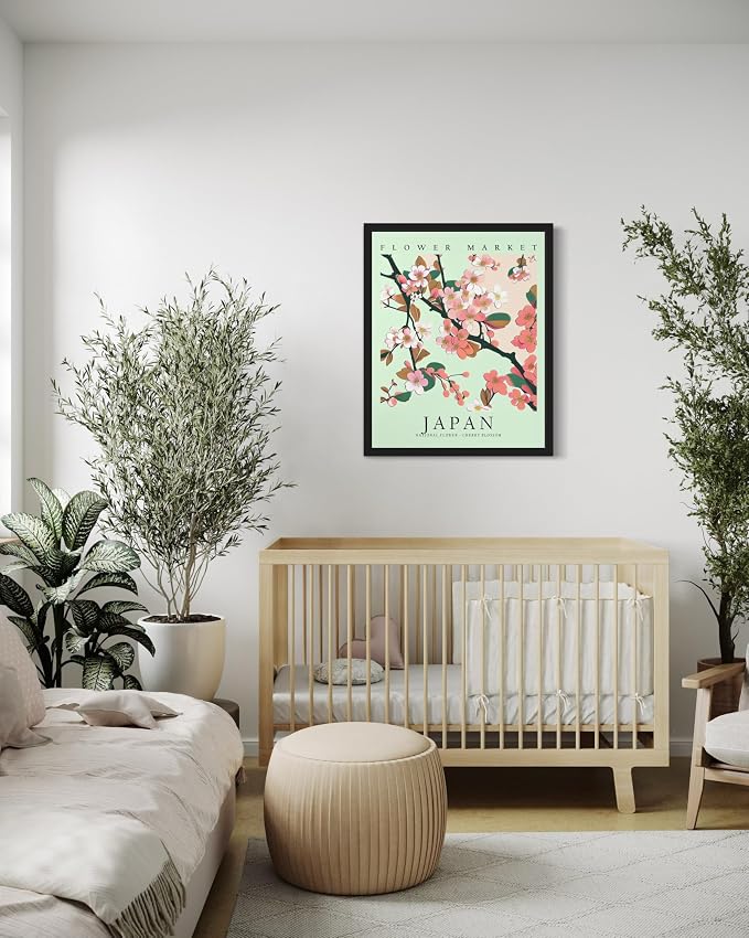 Japan, Cherry Blossom Black Framed Art Print Poster, Flower Market Wall Art, Floral Artwork Decor for Bedroom, Kitchen, Bathroom, Livingroom Decoration 52 (Japan, Cherry Blossom, 14"L x 11"W, Black Frame)