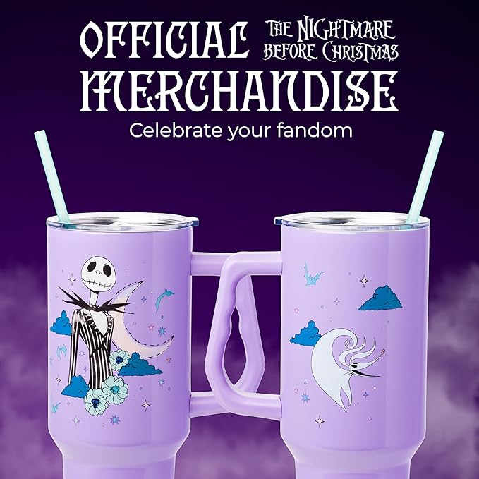 Silver Buffalo Disney Nightmare Before Christmas by Tim Burton Jack Skellington Double Walled Stainless Steel Tumbler with Handle and Straw, Fits in Standard Cup Holder, 40 Ounces