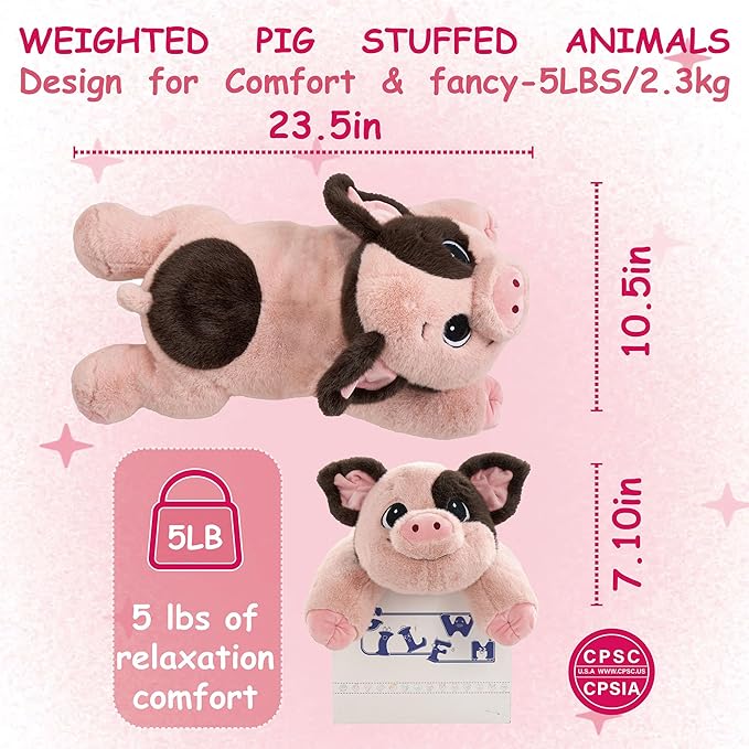 25" 5 lbs Weighted Stuffed Animals Pig :Big Large Weighted Plush Animal,Cute Plushie Pillow Toys, Ultra-Soft Washable Weighted Plush Pillowfort Gifts for Adults Kids Girls Boys Women