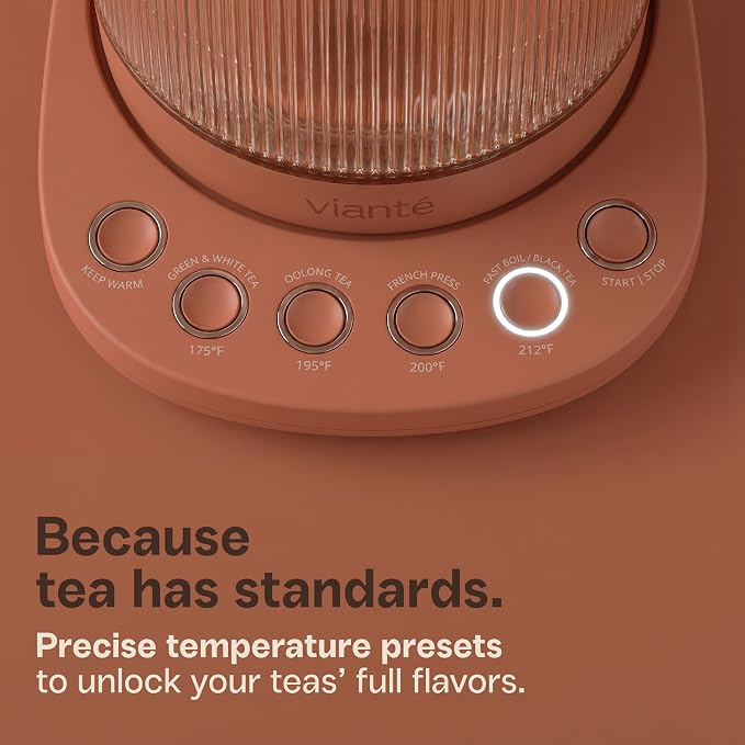 Viante Nina Electric Tea Kettle with Infuser, No Plastic In Contact With Water, 1.5L Borosilicate Glass, 304 Stainless Steel, 4 Temp Presets, Keep Warm, Cordless, Auto Shut-Off, Terracotta
