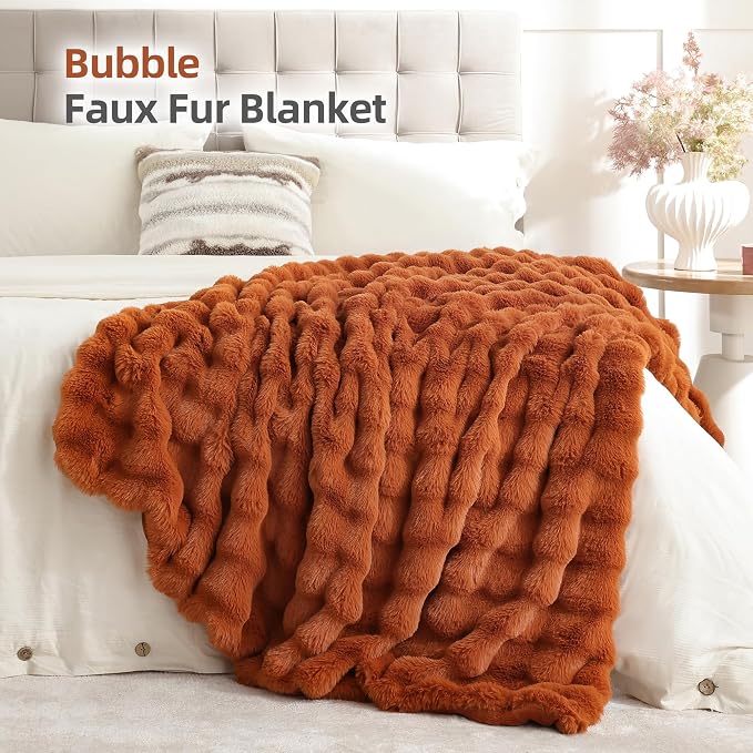Faux Fur Fall Throw for Couch - Burnt Orange Bubble Blanket 50"x60" | Fluffy Plush Fuzzy Throw for Sofa & Bed, Super Soft Cozy Comfrt Blanket, Luxury Aesthetic Burnt Orange Decor Gift for Women