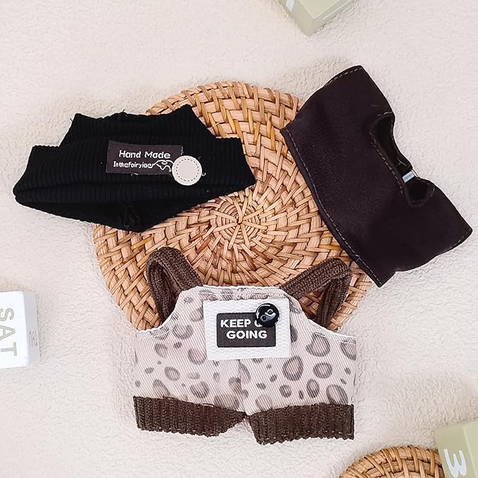Doll Clothes for 17cm Dolls, Cute Outfit Set with Accessories, Bucket Hat and Overalls (No Doll) (Black Overalls Set)