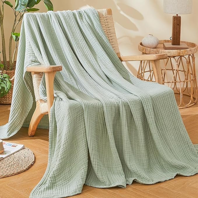 EMME Cotton Muslin Queen Blanket Bed Layering Bedspread Coverlet Breathable Gauze Soft Lightweight Blankets Adults (Heather Sage Green, 90"x90")