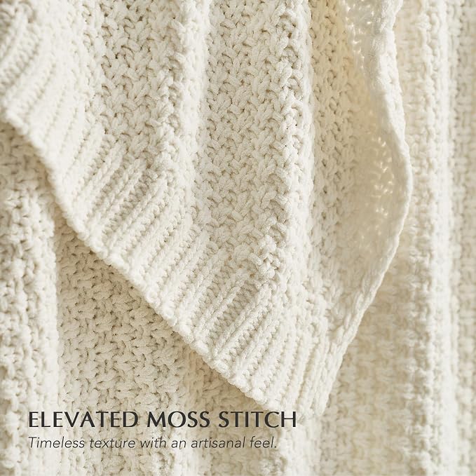 EVERGRACEHOME Chunky Chenille Knit Throw Blanket, 108x92, Ivory White | Sculpted Moss Stitch, Chic Modern Farmhouse, All-Season Warmth, OEKO-TEX® Certified, Oversized King for Couch, Bed, Sofa