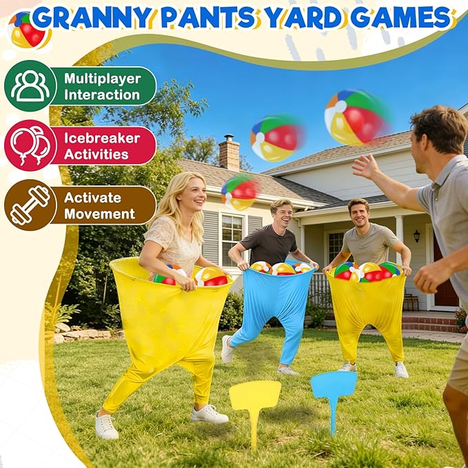 Granny Pants Yard Game, Granny Pants Party Game with Oversized Pants Bouncy Balls Ground Stakes Storage Bag and Air Pumps, Outdoor Tossing Games for Adults Family Carnival Party Reunion Gathering