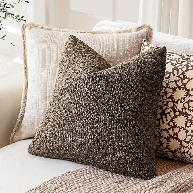 Foindtower Pack of 2 Textured Boucle Throw Pillow Covers Accent Solid Decorative Pillow Cases Cozy Woven Couch Cushion Case for Chair Sofa Bedroom Living Room Home Decor 20x20 Inch Light Brown