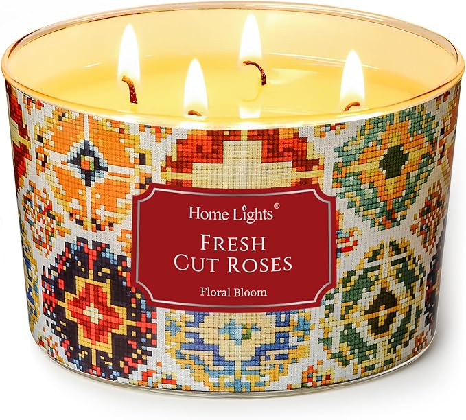 HomeLights 4-Wick Candles for Home Scented - 18oz Soy Wax Blend Candle Long-Lasting Fragrance, Bohemian Natural Textures Home Decor and Housewarming Gifts, Fresh Cut Roses
