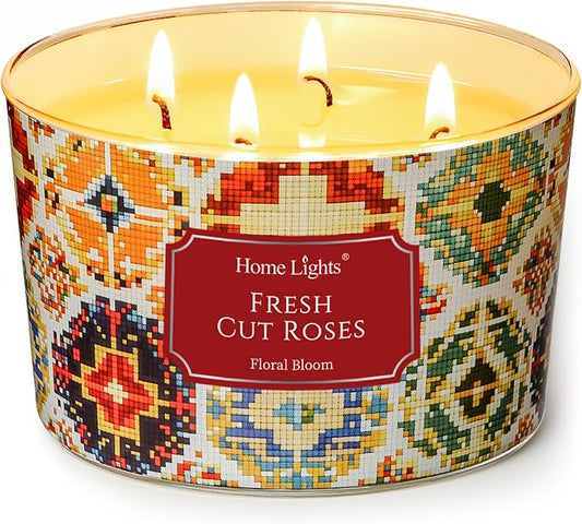 HomeLights 4-Wick Candles for Home Scented - 18oz Soy Wax Blend Candle Long-Lasting Fragrance, Bohemian Natural Textures Home Decor and Housewarming Gifts, Fresh Cut Roses