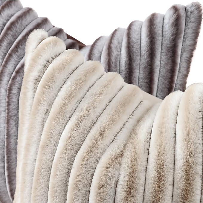 decorUhome Fall Faux Fur Throw Pillow Covers 22x22 Set of 2 Brown White | Decorative Soft Cozy Striped Plush Modern Farmhouse Boho Couch Pillow Cases Velvet Back for Sofa Bed Living Room Home Decor