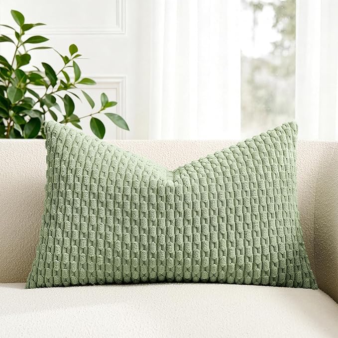 Kevin Textile Soft Corduroy 14"x22" Lumbar Pillow Cover 1 Pack, Sage Green | Boho Stripe Plush Corduroy Decorative Oblong Cushion Cover Modern Farmhouse Home Decor for Sofa Couch Bed Chair