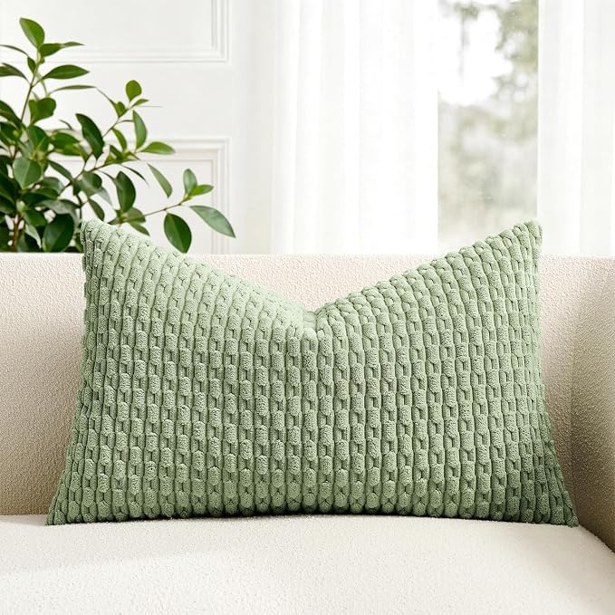 Kevin Textile Soft Corduroy 12"x20" Lumbar Pillow Cover 1 Pack, Sage Green | Boho Stripe Plush Corduroy Decorative Oblong Cushion Cover Modern Farmhouse Home Decor for Sofa Couch Bed Chair