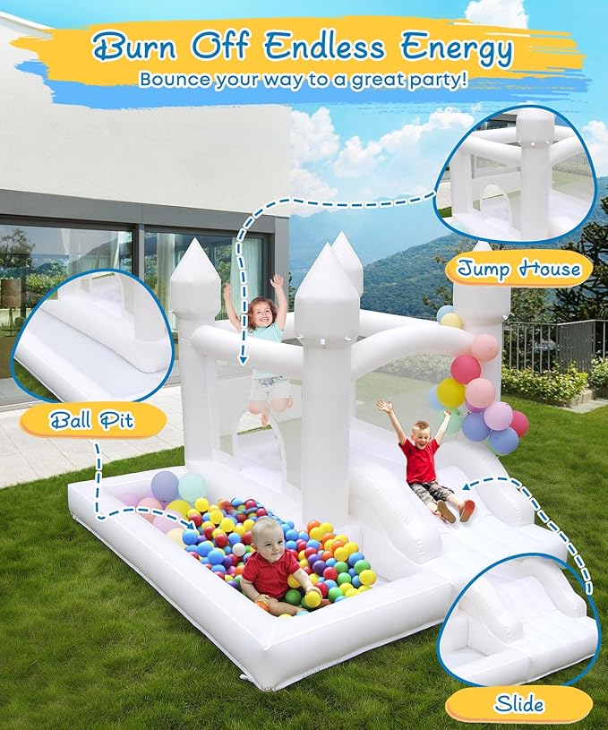 White Bounce House with Blower Included, 9x9x7FT Inflatable Bounce House Castle with Ball Pit and Slide,Small Jumper Bouncy Castle, Fun for Kids Birthday Party