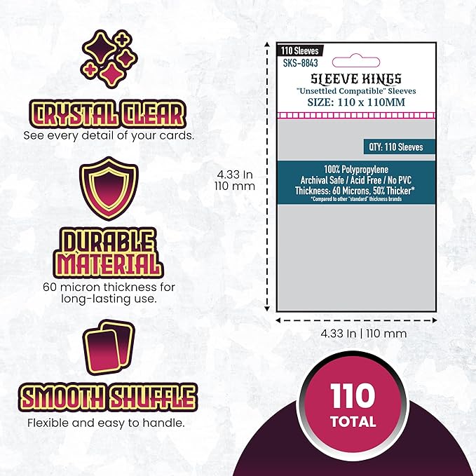 Sleeve Kings Unsettled Compatible Card Sleeves – 110 Pack, 110 x 110 mm, Extra Clear 60 Micron Polypropylene, Acid-Free, PVC-Free, Card Protection for Board Games – SKS-8843