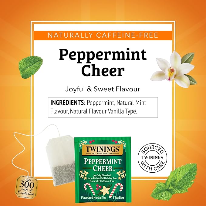 Twinings Peppermint Cheer Herbal Tea Individually Wrapped Bags, 20 Count (Pack of 6), Peppermint & Creamy Vanilla, Naturally Caffeine-Free, Enjoy Hot or Iced, 120 Teabags
