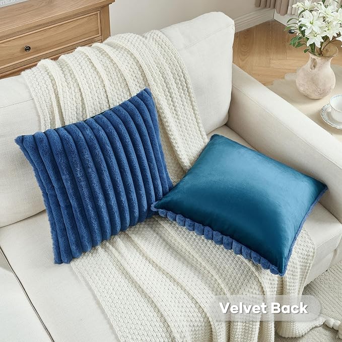 FUTEI Pack of 2 Faux Fur Throw Pillow Covers 18x18 Inch, Navy Blue | Fluffy Faux Rabbit Fur Front/Premium Velvet Back,Hidden Zipper,Machine Washable,Non-Shedding,Colorfast,Insert Not Included.