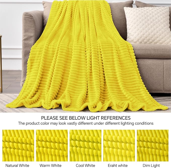 BEDELITE 3D Ribbed Jacquard Yellow Fleece Twin Blanket for Bed, 60x80 Inch | Soft Warm Decorative Fluffy Blanket, Cozy Plush Lightweight Fuzzy Throw Blanket for Couch Sofa Room Decor, Gift for Women