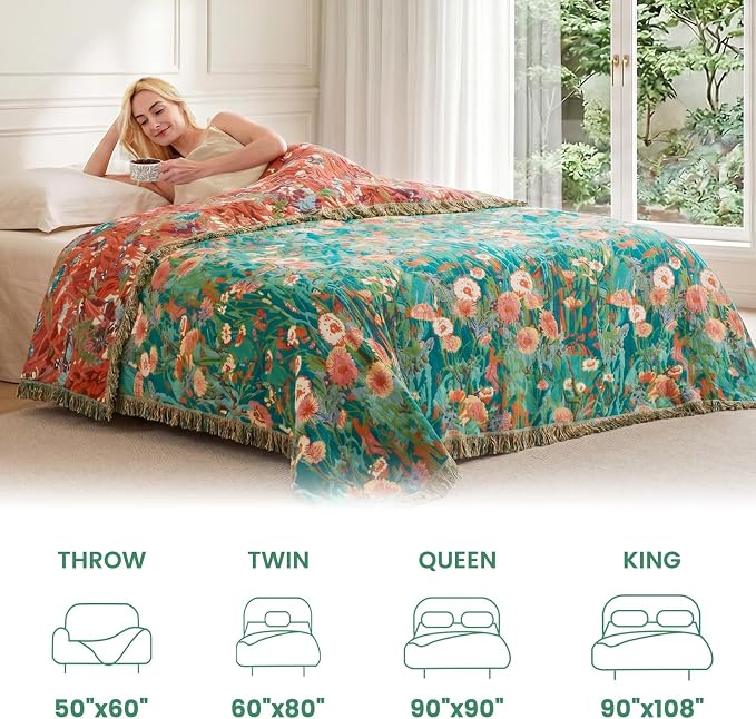 MSGKV Boho Throw Blanket 50"x60" 100% Cotton Floral Blanket for Couch Bed | Super Soft Muslin, Everyday Comfort, Lightweight, Farmhouse Decor, Breathable, All Seasons, Machine Washable, Cozy Comfort