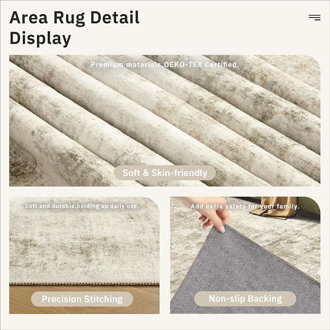 Soalmost Abstract Rug 5x8 Washable Area Rugs for Living Room, Beige/Gray | Vintage Non-Slip Indoor Accent for Bedroom Dining, Foldable Stain Resistant Floor Carpet Mat Under Table Home Office Decor