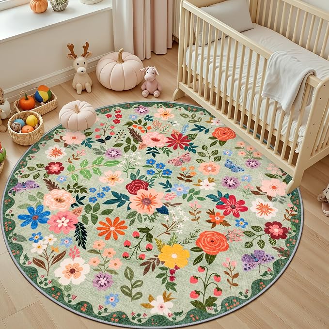 Round Area Rug for Living Room: 4 ft Floral Washable Circle Rug Soft Boho Non-Slip Carpet Indoor Stain Resistant Low Pile Small Circular Rug for Bedroom Entryway Kitchen Nursery Home Office Green