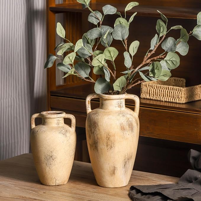 Ceramic Flower Vase, 11.41 Inch Tall Farmhouse Vase with Handles | Terracotta Rustic Vase Adds Farmhouse Charm to Living Room, Entryway,Shelf,Table Decor, Perfect for Wedding and Home Gifts