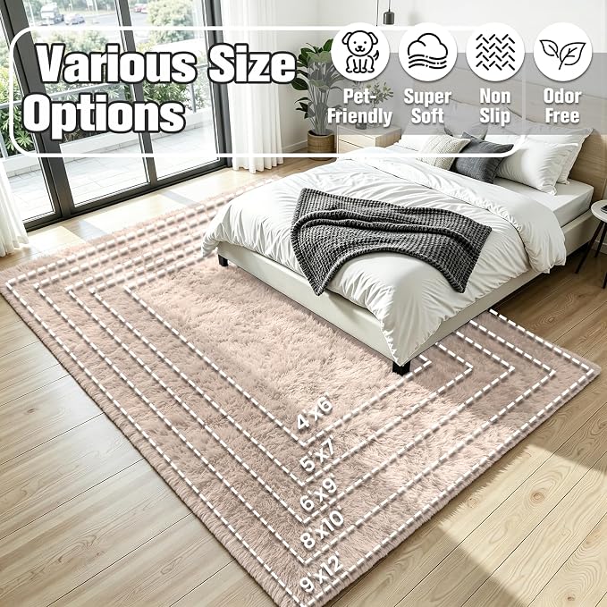 5x7 Area Rug for Living Room, Ultra Soft Fluffy Beige Rugs for Bedroom, Non Slip Large Shag Carpet, Fuzzy Plush Nursery Rug, Thick Washable Indoor Floor Carpets for Kids Office Dorm Home Decor