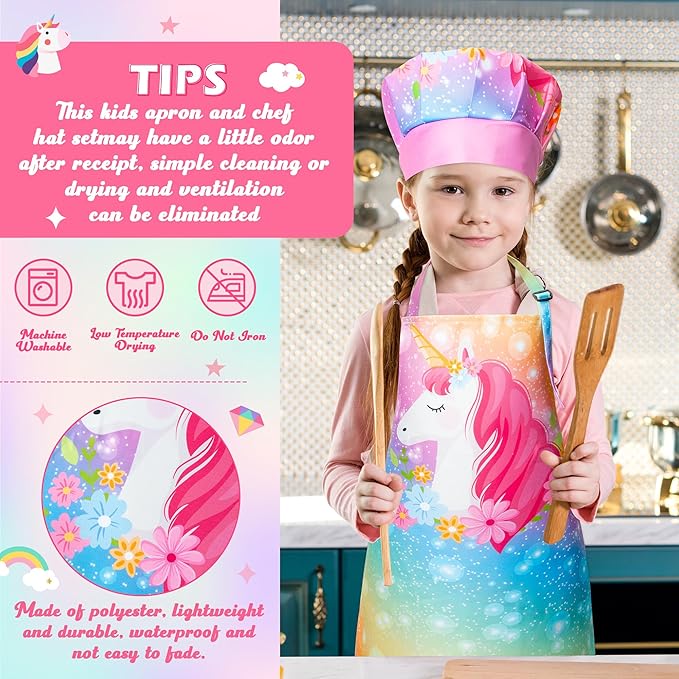 R HORSE Kid Apron and Chef Hat Set - 2Pcs Adjustable Magic Horse Children Kitchen Toddler Apron for Girls Role Play Chef Toy Funny Cooking Birthday Gift for kids Cooking Baking Painting and Training