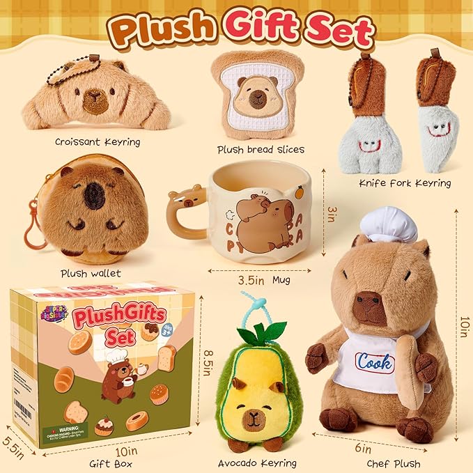 Animal Plush Gifts for Girls, Cute Chef-Themed Stuffed Toys with Mug & Keychain & Coin Purse, Birthday Gift Set for 3 4 5 6 7 8 Year Old