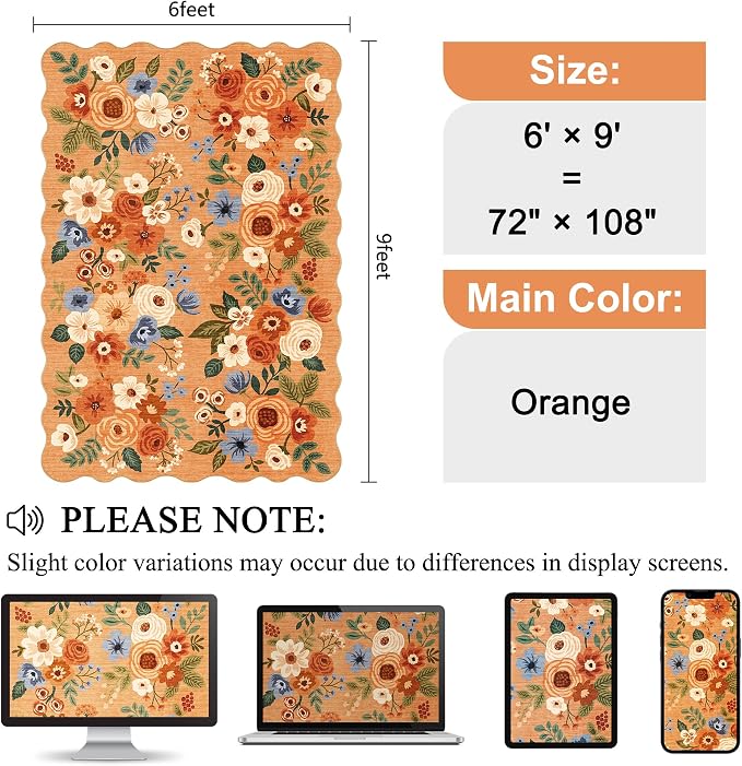 DUKINO 6x9 Area Rugs, Floral Washable Rug for Living Room Non Slip, Orange | Low Pile, Stain Resistant, Soft Indoor Large Rugs for Bedroom, Dining Room, Kids Playroom, Nursery, Pet Friendly, Home Decor